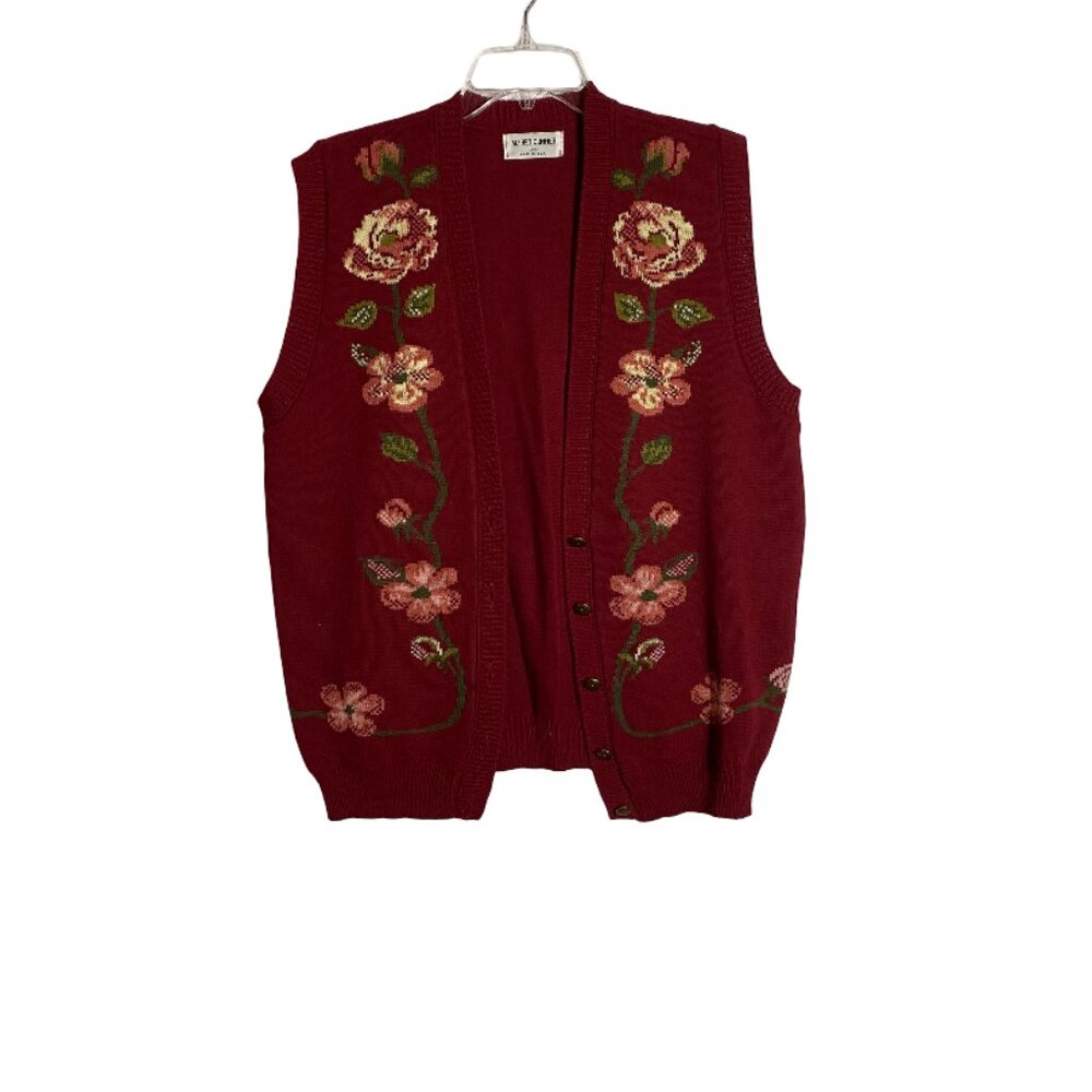Alfred Dunner Burgundy Floral Knit Button Vest